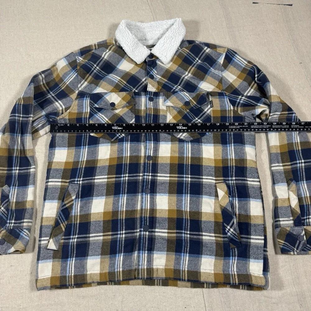 Hurley Jacket Mens Medium‎ Blue Plaid Snap Up Fleece Lined Flap Pockets